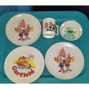 Vintage advertising lot & GARFIELD kids plate bowl dishes 5 piece